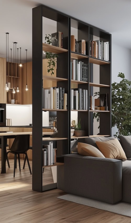 book shelves as room dividers in apartment