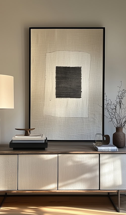 DIY renter-friendly home updates - rental-friendly art no-hang framed fabric on a credenza