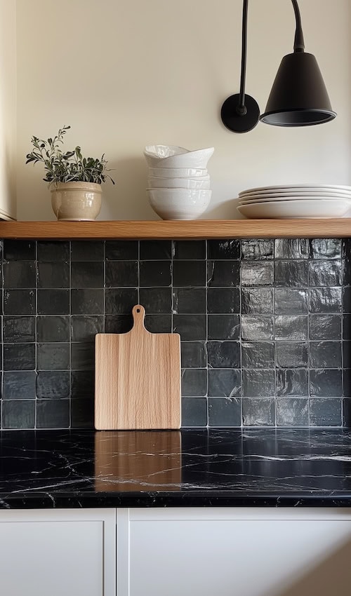 open shelving in an apartment kitchen