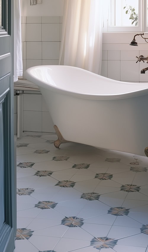 stick-on floor tiles in apartment  bathroom 