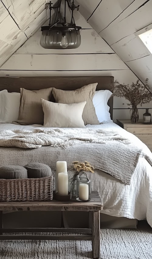 barndominiam loft attic bedroom in rustic modern farmhouse style