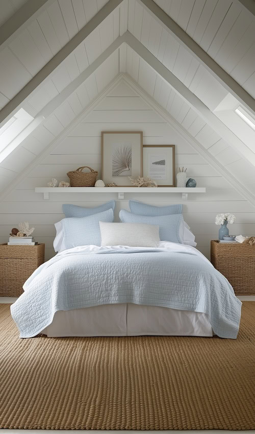 coastal style attic bedroom with blue accent colors