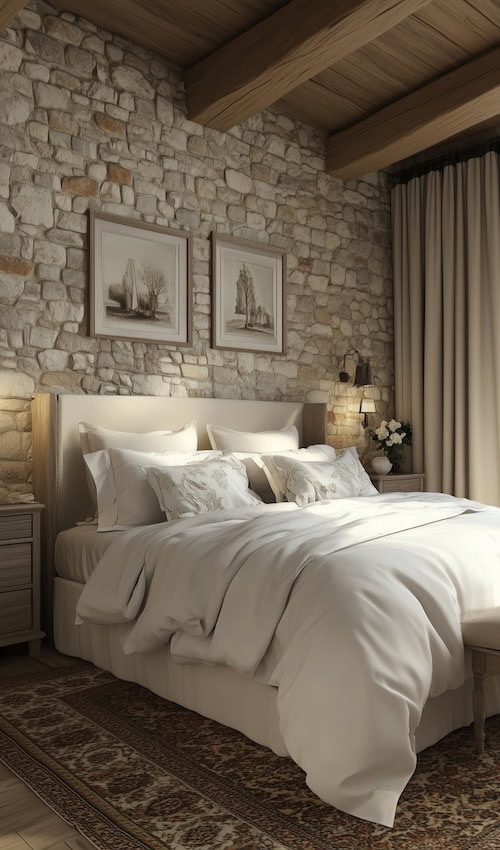 stone wall in modern french country cottage bedrooms with framed wall art 