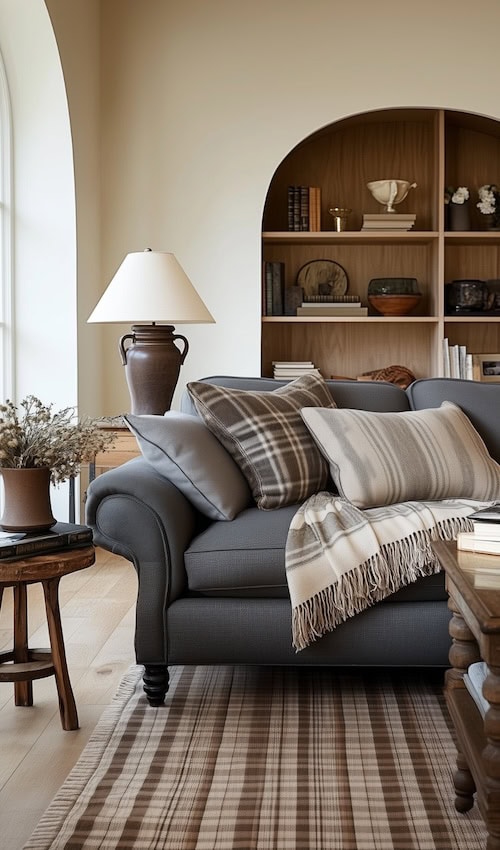 ideas for styling a dark grey sofa with beige plaid pillows