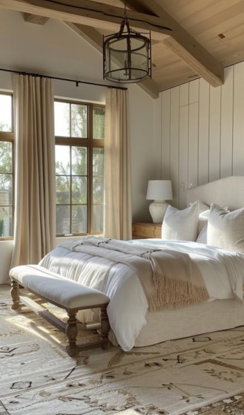 light and airy curtains in modern french country bedrooms look beautiful