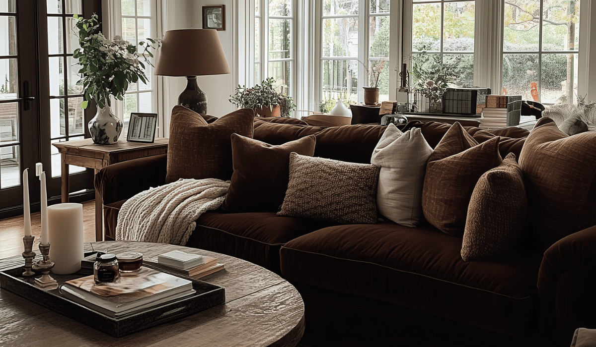 moody living room with burgundy sofa decorated with classy character home decor finds