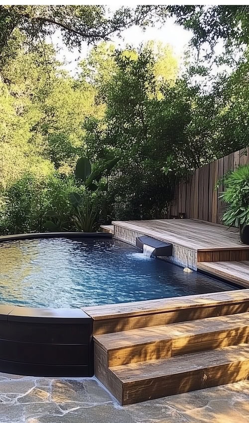 cheap backyard decor ideas using a tank pool that looks luxurious