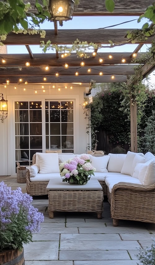 Cheap Backyard Ideas seating area with flowers and nature