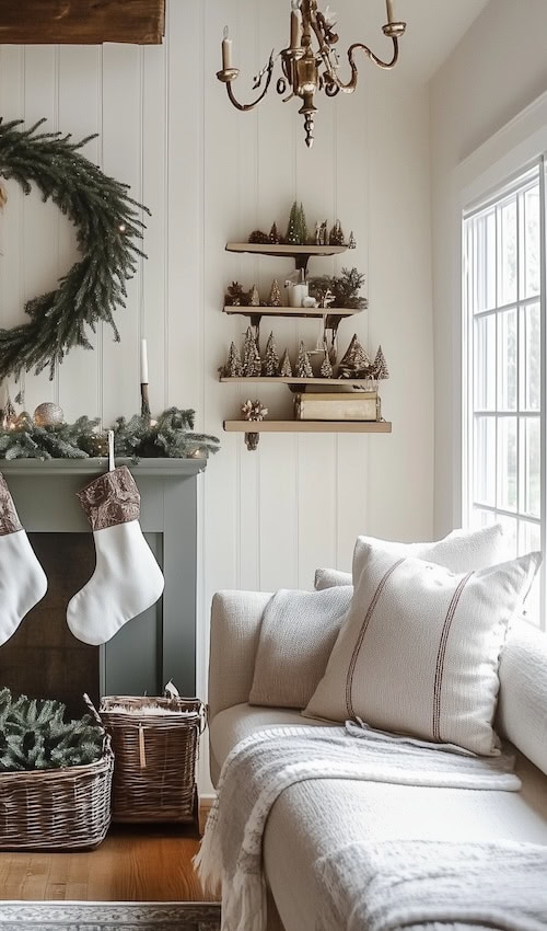 a living room with a fireplace and christmas wreath - Cottagecore Christmas living room