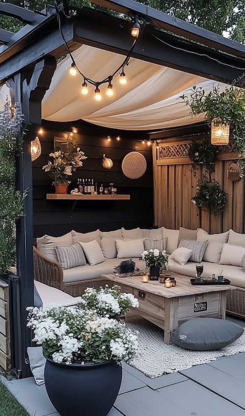 nicely decorated Gazebo in a Backyard