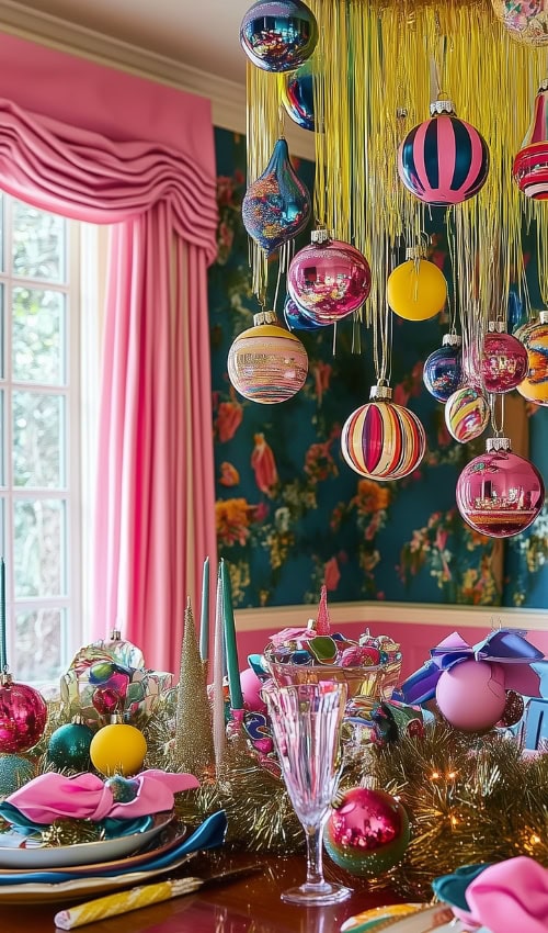 Kitsch Christmas table with ornaments and a window