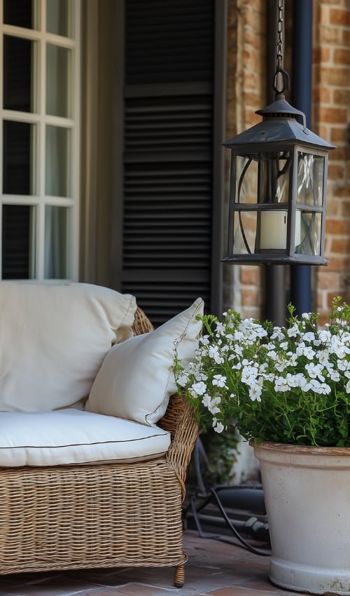 cozy seating Spring Front Porch Decor potted flowers