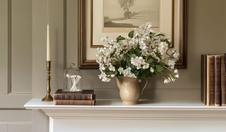 a vase of Spring flowers and books on a mantle - Spring Mantel Decorating Ideas