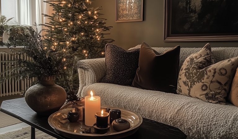 living room decorated with cozy Christmas aesthetic decor