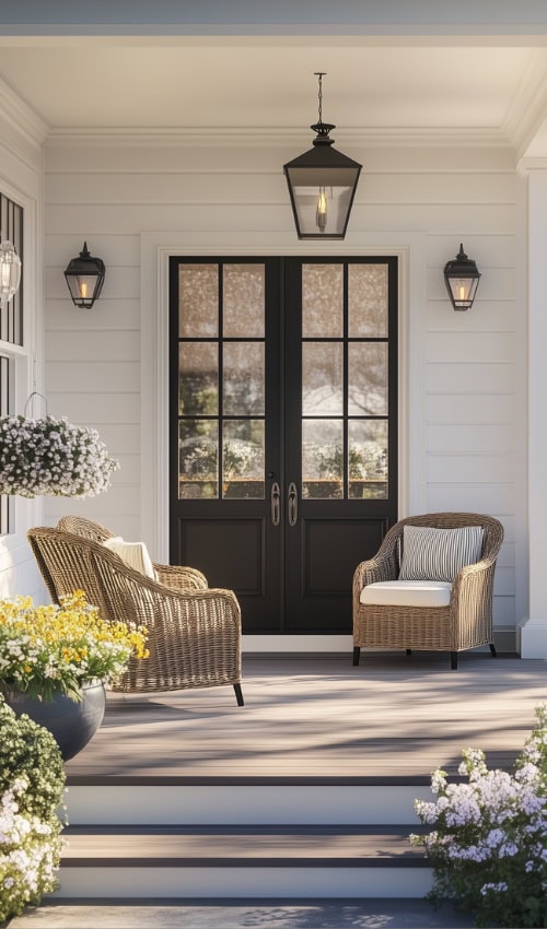 a porch with chairs and a black door, example of beautiful spring front porch