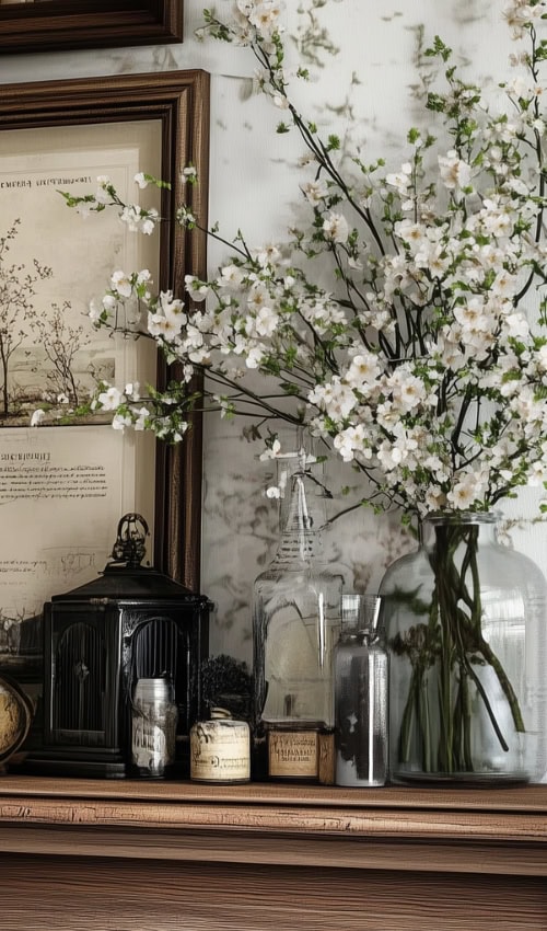 collection of antiques in Spring mantel decor, a vase with white flowers and glass bottles on mantel