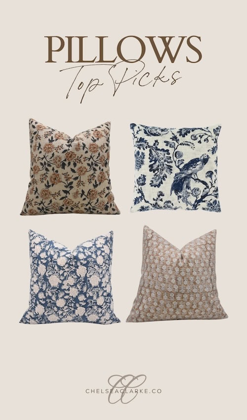 4 pillows showing different textiles for character home decor