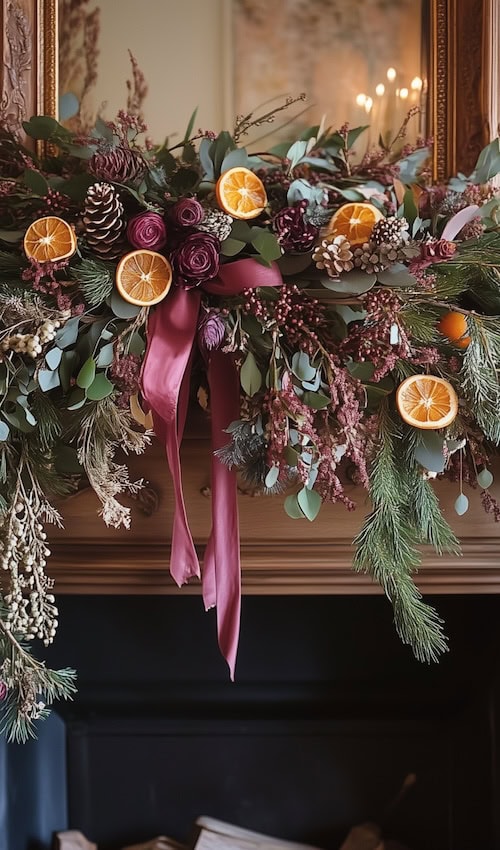 classy kitsch Christmas mantel decorated with dried flowers orange slices and pine