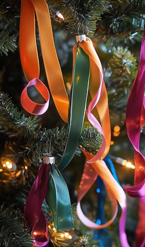 a christmas tree with colorful ribbons from it colorful Kitschy ribbons on christmas tree