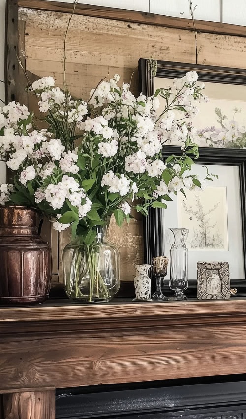 cottage Spring mantel decorating ideas including a vase with white flowers and a picture frame on a mantle