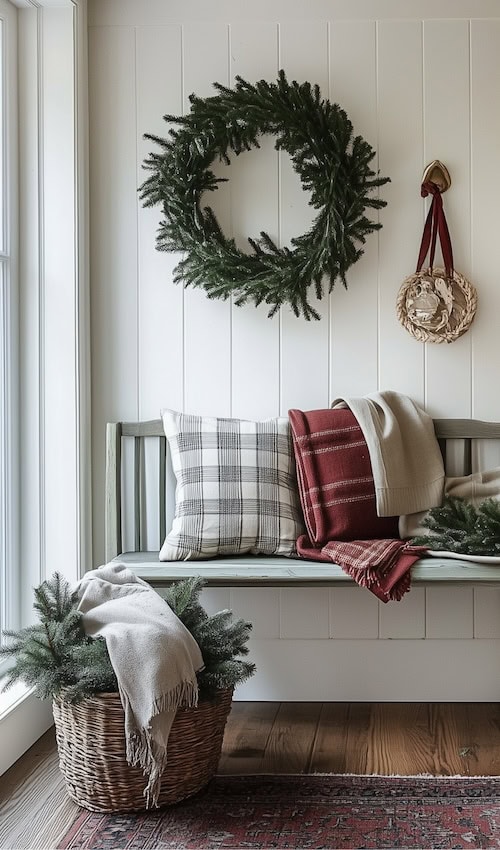 a wreath on the wall - cottage christmas decor ideas