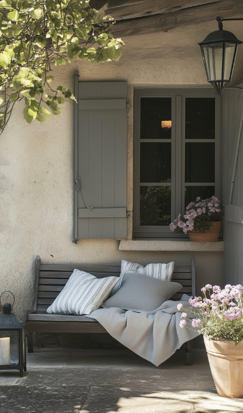 serene cottage front porch bench spring