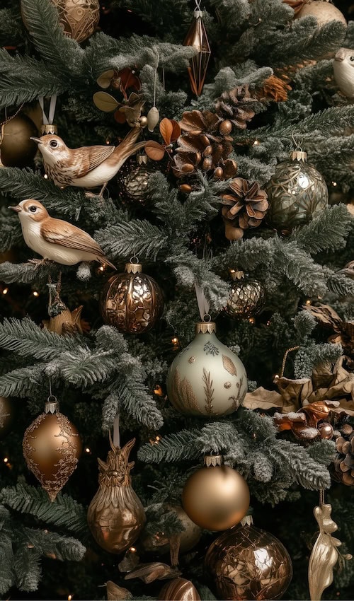 delicate ornaments on a christmas tree cottage