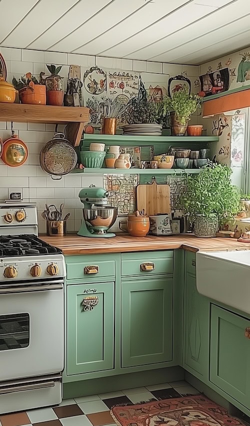 wild eclectic kitchen with kitschy decor and art everywhere