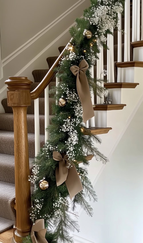 a christmas garland on a staircase example of elegant garland on staircase Christmas taupe velvet ribbon