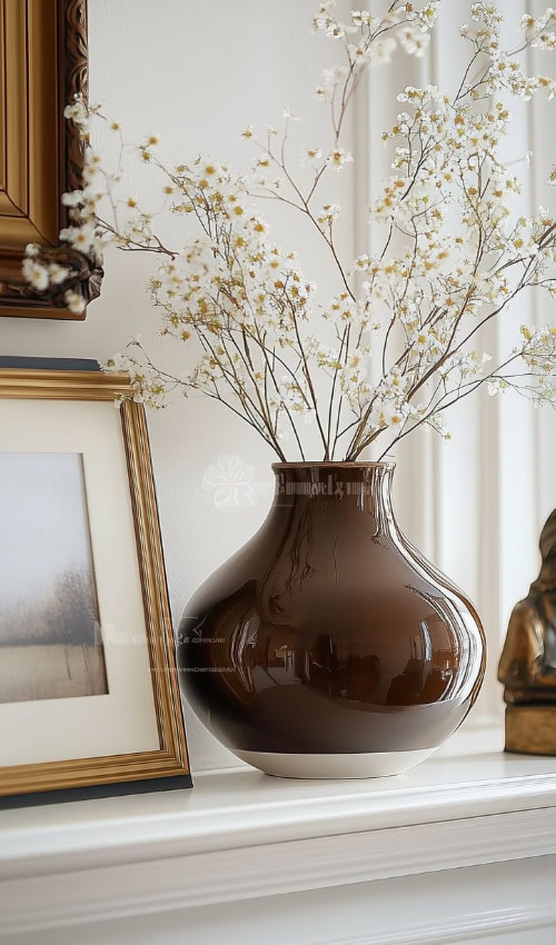 brown ceramic vase with fresh spring stems on mantel