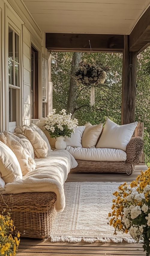 hanging baskets flowers and seating spring front porch decor ideas