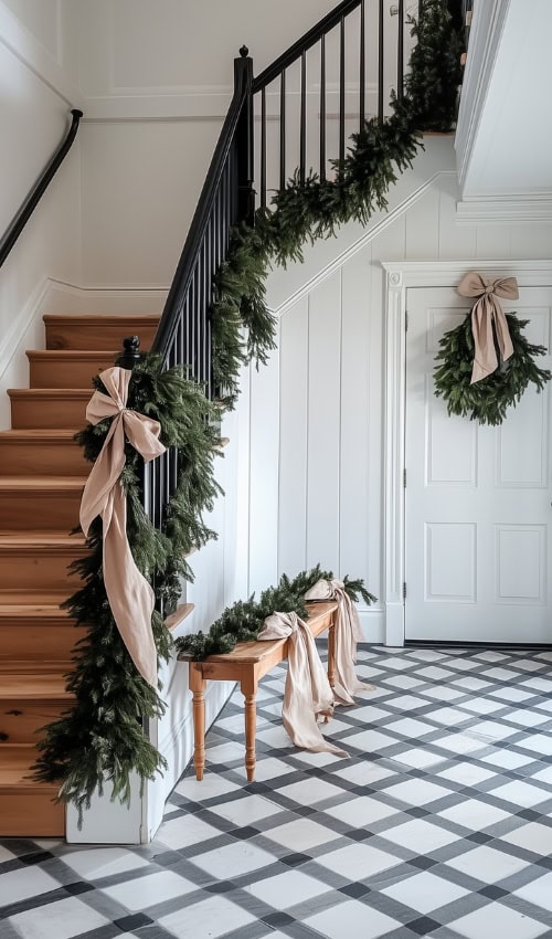 french country christmas garland in a foyer