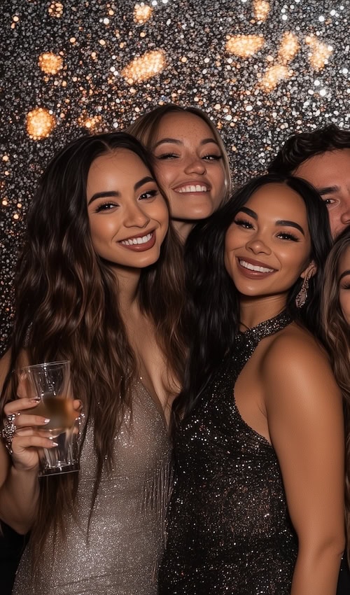 group of friends pose for phot at nye party