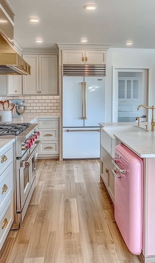 pink dishwasher in a fun colorful kitschy kitchen