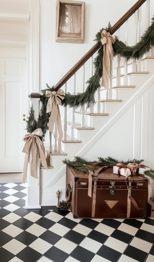 Beautiful home foyer showing Garland on Stairs Christmas Decor