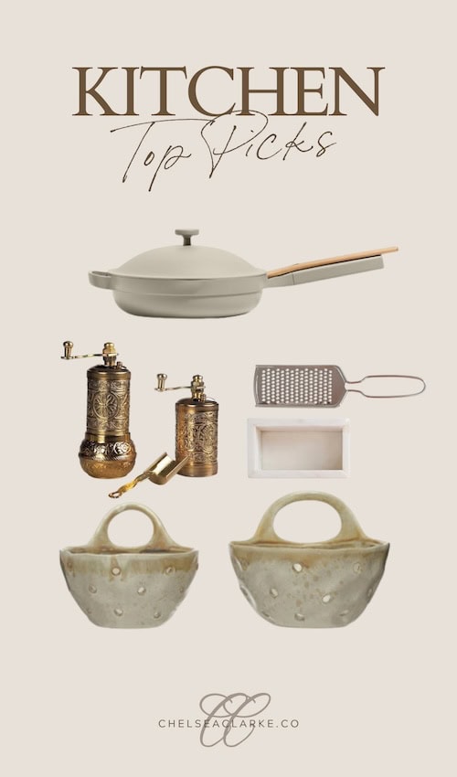 a collection of kitchen utensils and modern luxury home decor finds that make great gift ideas for foodies