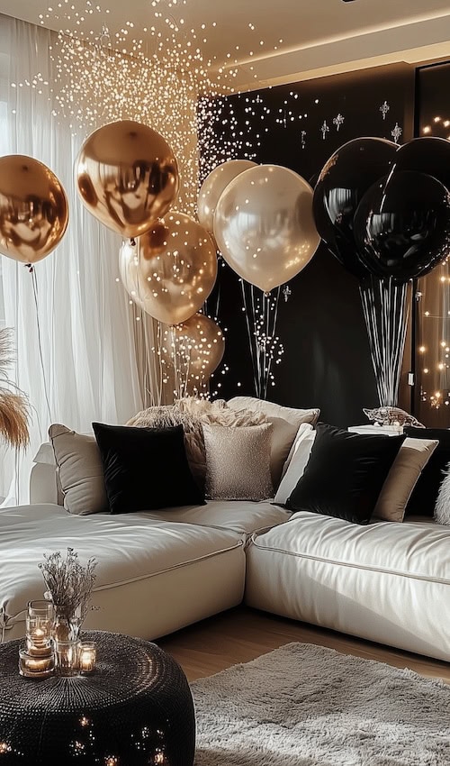 elegant living room decorated for new years eve party