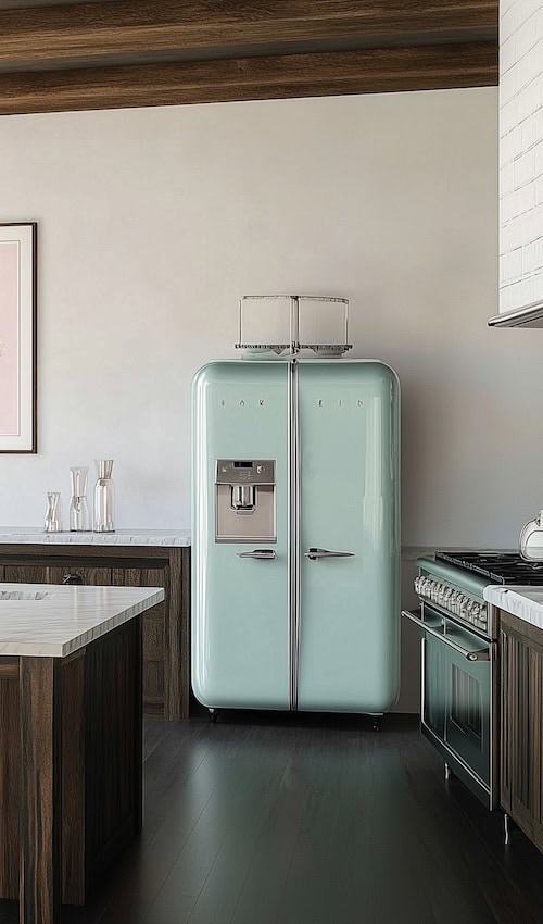 mint green retro fridge mid century kitchen renovation