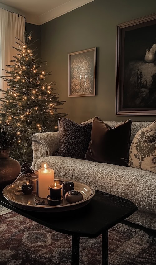 moody cozy Christmas aesthetic living room by candlelight