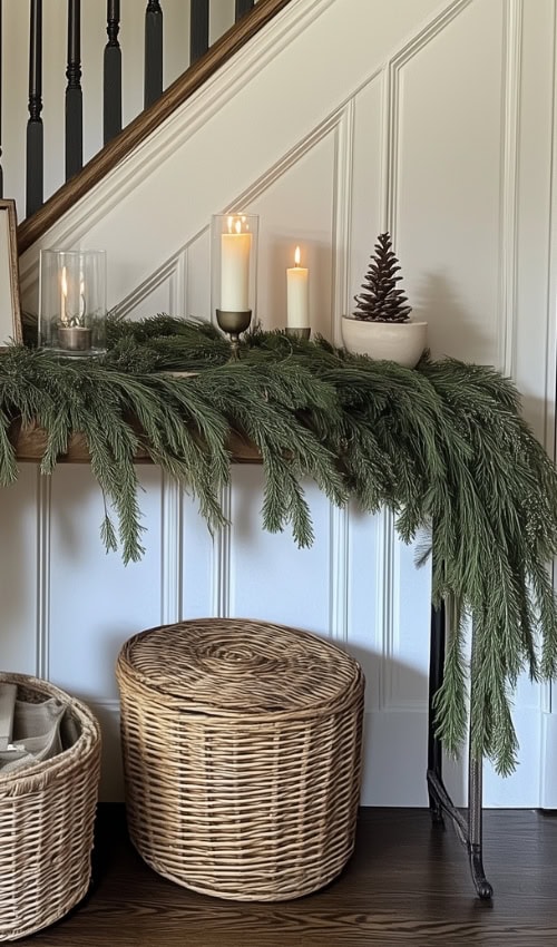 natural pine holiday home decor with candles