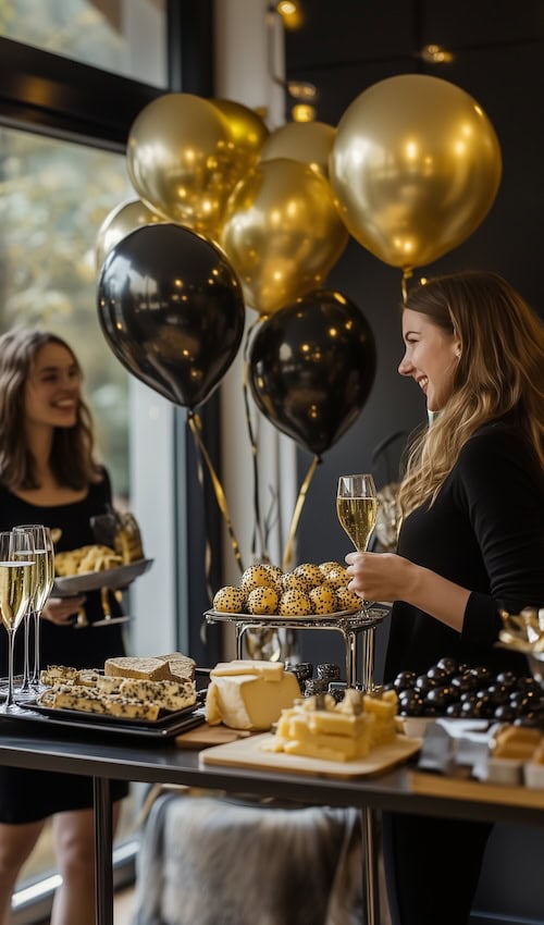 guests chat ar new years eve party surrounded by food and decor