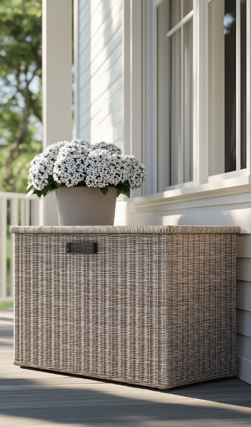 a storage basket with flowers outdoor storage basket