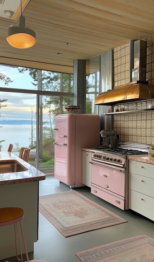 amazing pink fridge kitschy kitchen overlooking coastline