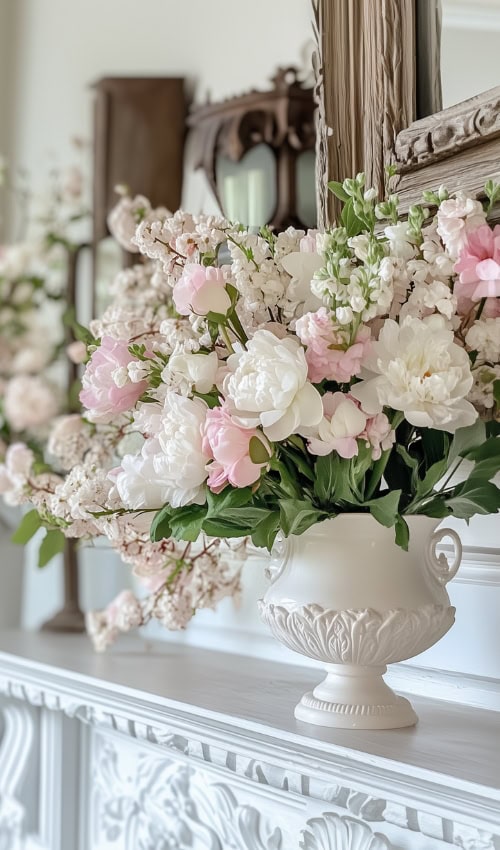 a vase with Spring flowers on a fireplace mantel in French country cottage home