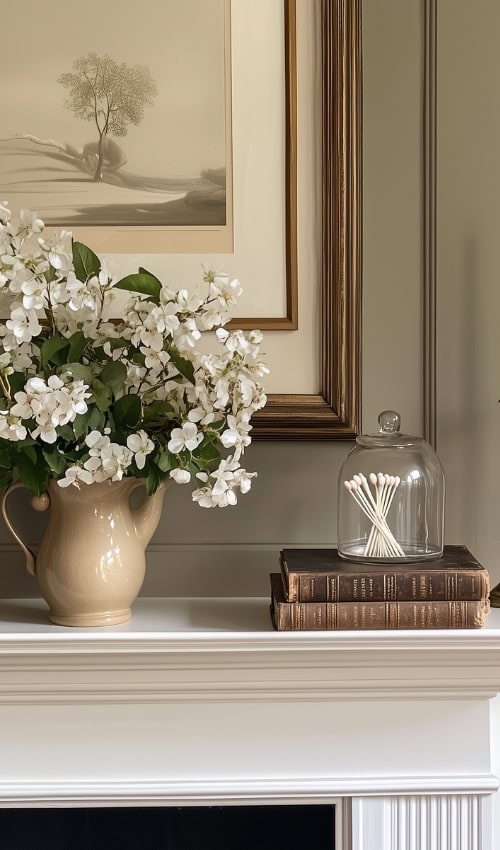 classy living room mantel decorated for Spring