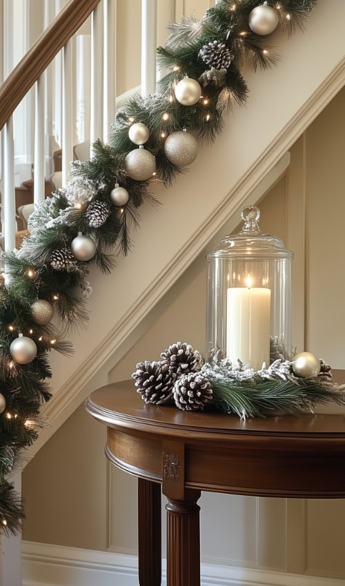 traditional christmas garland stairs with twinkling lights