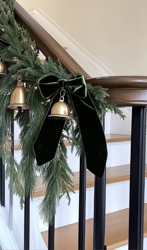 ribbons and bows on a christmas decoration on a staircase velvet bow and Garland on stairs