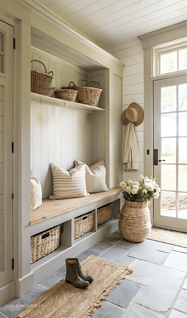 Cottage Mudroom with wicker baskets and crates