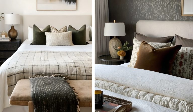 two photos of different bedrooms, showing some Essentials To Create A Cozy Earthy Bedroom Aesthetic