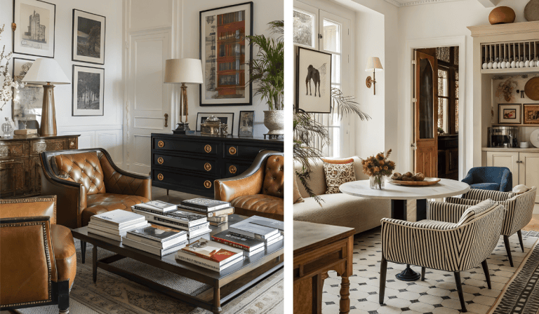 eclectic apartment decorated with maximalist decor in neutral color pallet